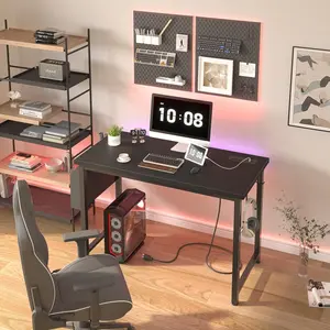 Lufeiya 39 inch Computer Desk with Power Outlet, 40 inch Teen Study Table Home Office Work Writing Desks with Charging Station Outlets Built in, Black, Get Free Gift