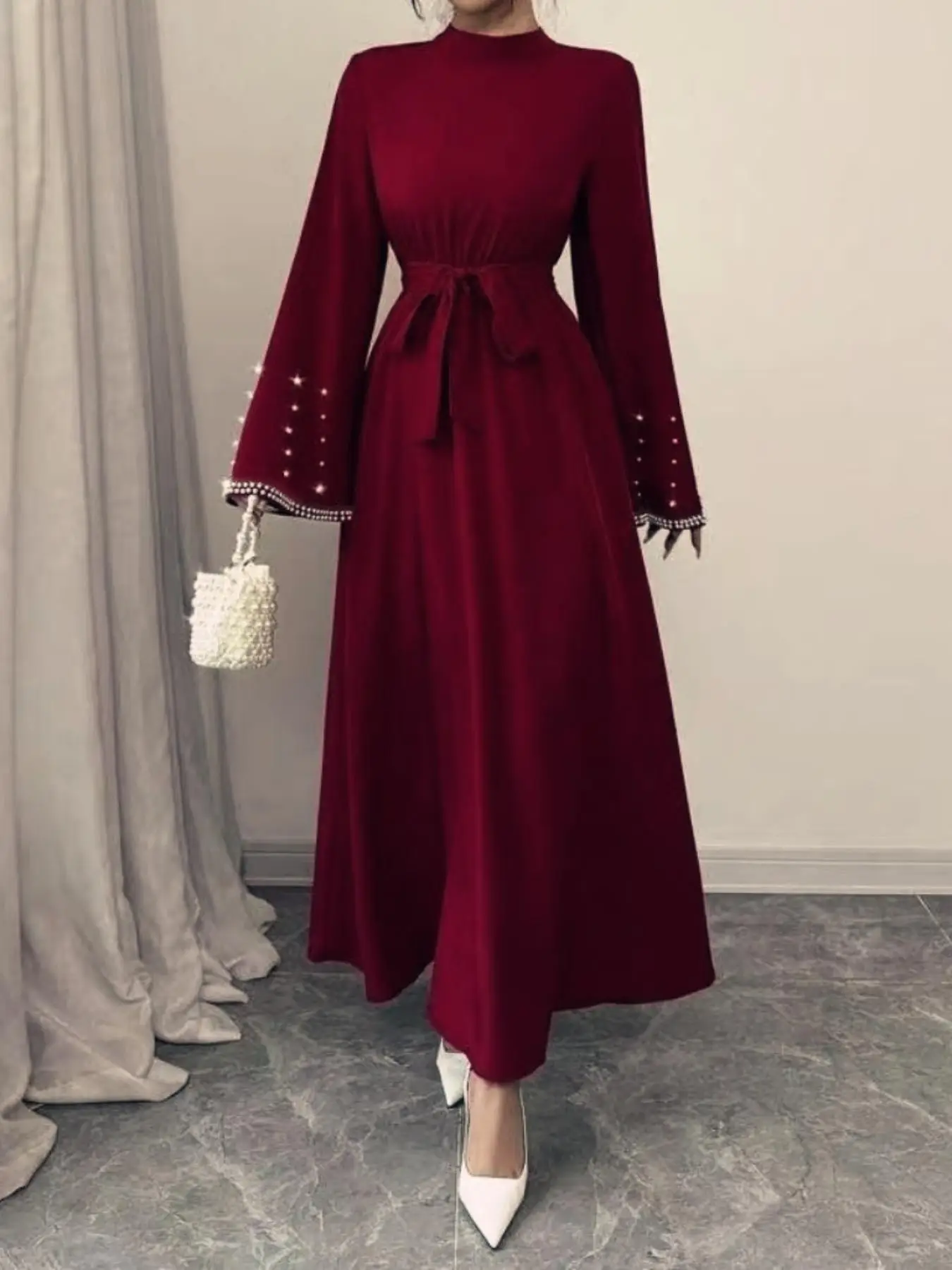 Women's Faux Pearl Decor Belted Dress, Elegant Long Sleeve Dress for Vacation Holiday Wedding Guest, Ladies Clothes for All Seasons