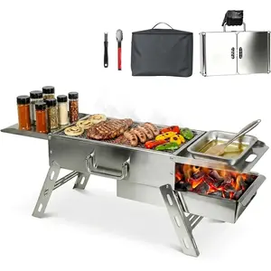 Tabletop Charcoal Grill, Foldable Stainless Mini BBQ Grill with Carry Bag, Lightweight Small Camping Travel Tailgating Grill