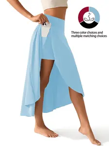Women's High-Waisted Split Thigh Sports Skirt with Inner Shorts Pockets, Lightweight Elastic Fabric, Casual Pure Color Sporty Short Dress, Casual Sporty Skorts, Workout Skirts