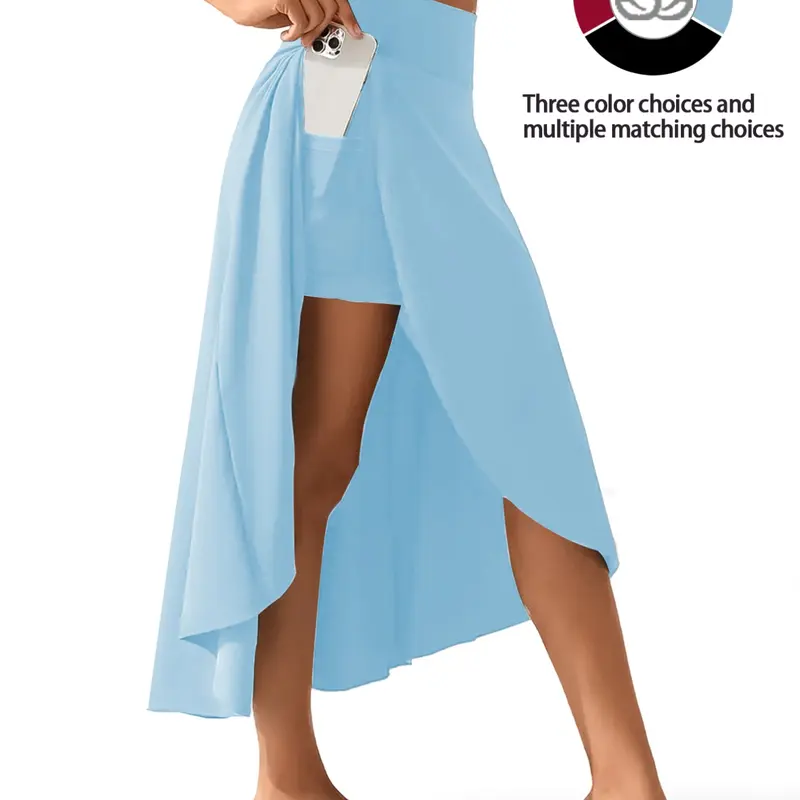 Women's High-Waisted Split Thigh Sports Skort Stretchy Skorts with Inner Shorts Pockets, Lightweight Elastic Fabric, Casual Pure Color Athletic Skirt