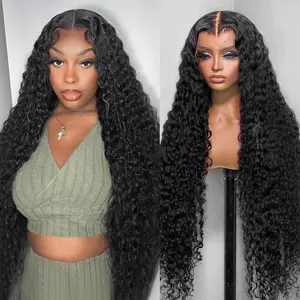 Bling Hair Clearance Sale Deep Wave Brazilian HD Transparent Lace Frontal Wig for Women 13x4 13x6 Lace Human Hair Wig Curly Pre Plucked 30 32 Inches 180% Natural Hairline