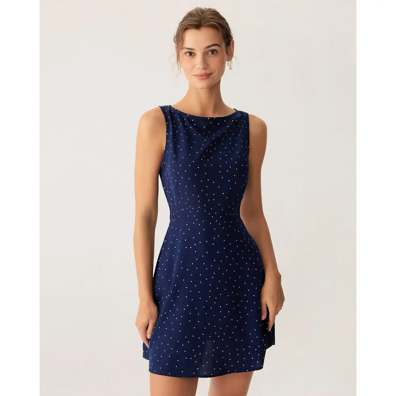 Rihoas Women's Retro Chic Casual Wear Polka Dot Dress - Boat-Neck Waisted Sleeveless Cut-Out Mini, Polyester-Spandex Fabric with Zipper (Dot & Boat-Neck Casual Dresses)
