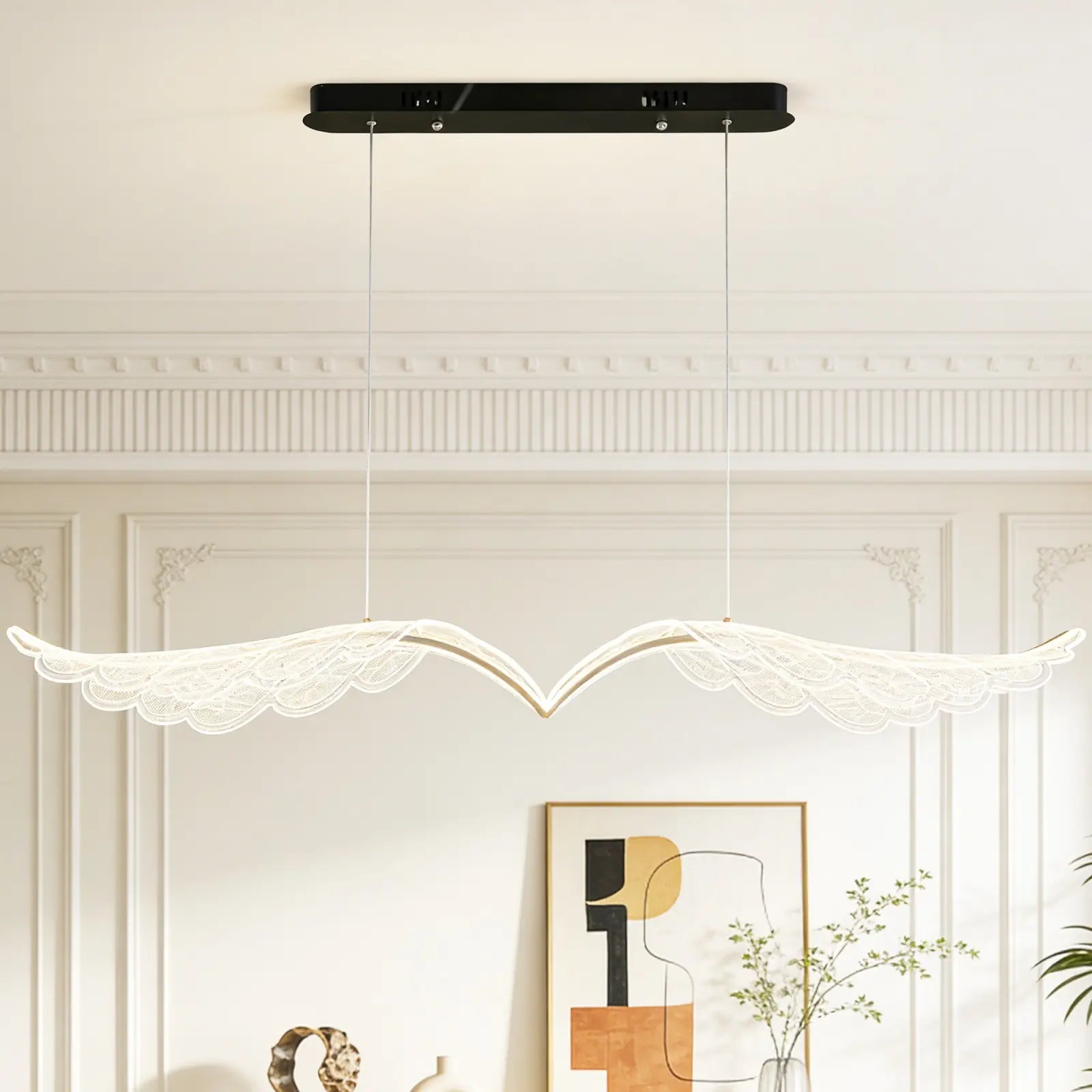 47.2-Inch Modern Angel Wing LED Pendant Light, Gold Acrylic & Aluminum Frame, 3-Color Temperature Dimmable, Height-Adjustable, Wall-Controlled for Kitchen Island, Dining Room