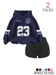 Women's Warm Hoodie Set, Slim Fit Comfortable Bell Bottom Pants, Cow Head Letter Print, Kangaroo Pocket Daily Wear, Casual Fashion Set