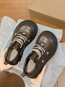 Women's Thick Sole Platform Shoes, Vintage Style British Leather Flats, Spring New Round Toe Lace-Up Original Casual Single Shoes