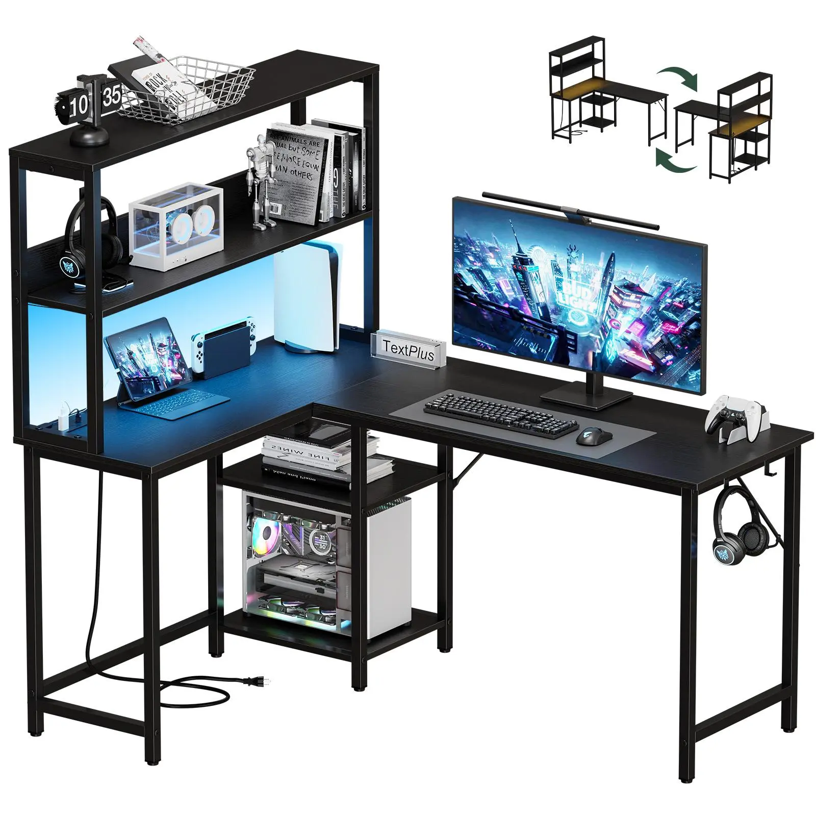RGB LED L Shaped Gaming Desk 53 Inch, Reversible Corner Computer Desk with Power Outlet USB Type-C Charging Port, Adjustable Storage Shelf & CPU Stand, Black Home Office Writing Table