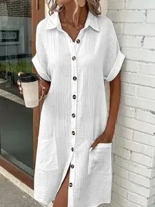 Simple Style Women's Casual moomoo pj dress, Lapel Front Button Design, Solid Color Loose Fit, Daily Wear for Home and Outdoors