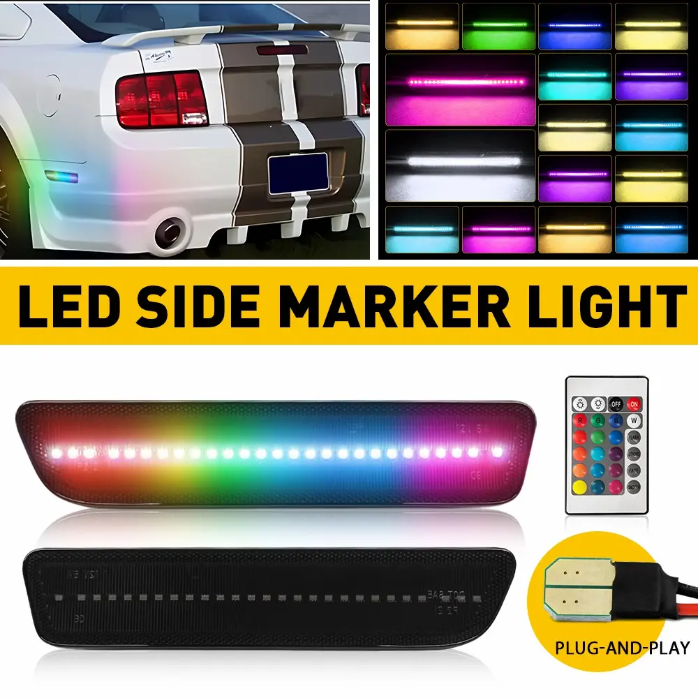 Rear Bumper RGB LED Side Marker Lights Fit Ford Mustang 2005-2009, 2010-2014,2015-2023,2024-2025 Smoked PAIR OF