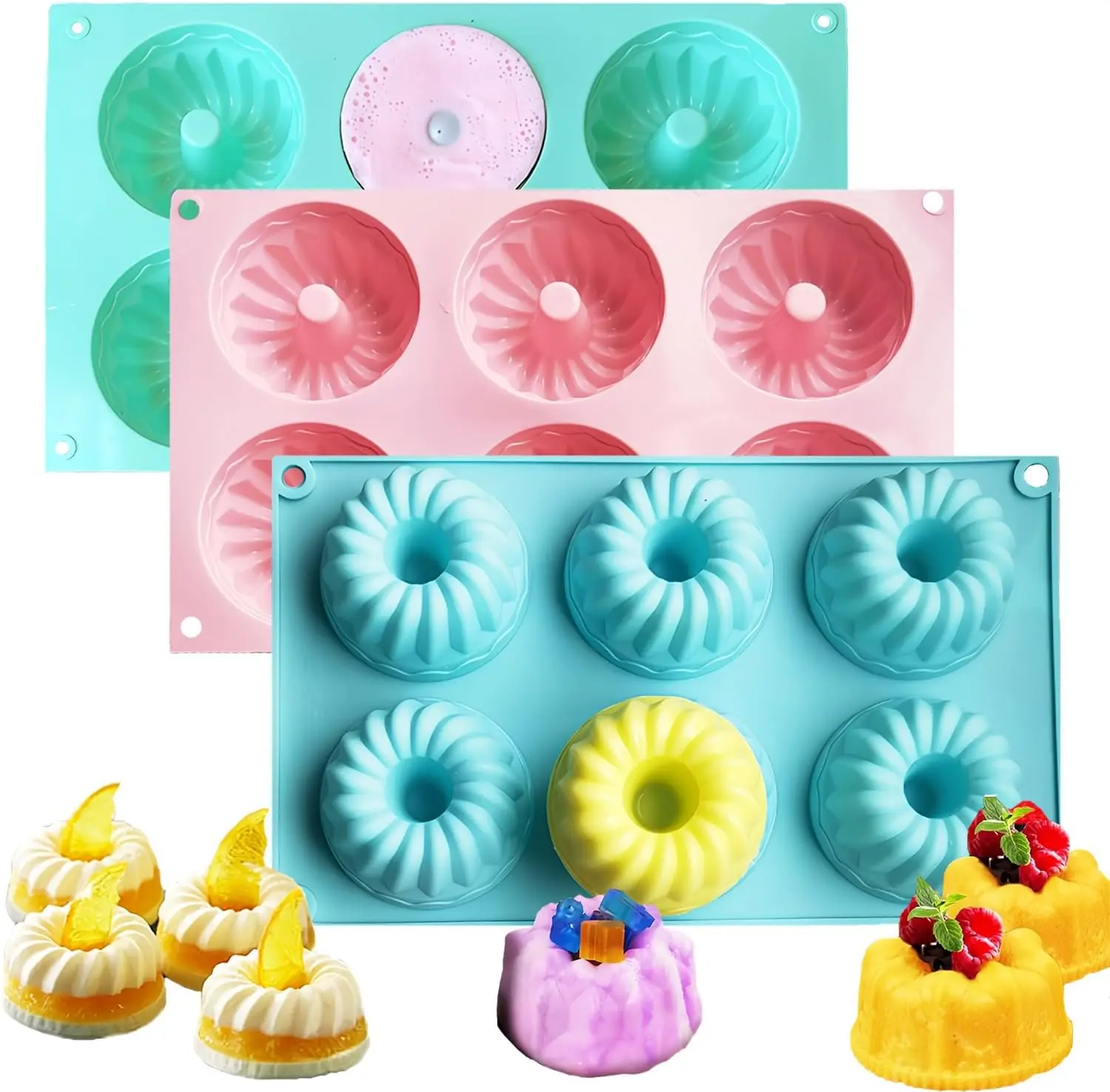 3Pcs Silicone Baking Cake Pan, 6-Cavity Nonstick Baking Molds,Mini Jello Molds Silicone,Mini Fluted Cake Pans, Cupcake Mold for chocolate, Donut, Jelly