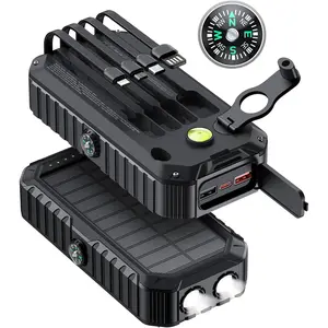 40,000mAh Solar Power Bank with Hand Crank & 4 Cables, Dual USB/Type-C Fast Charging, Bright LED Light, Built-in Compass & Leveler - Portable Solar Charger for Phones, Camping, Travel, Outdoor Emergencies