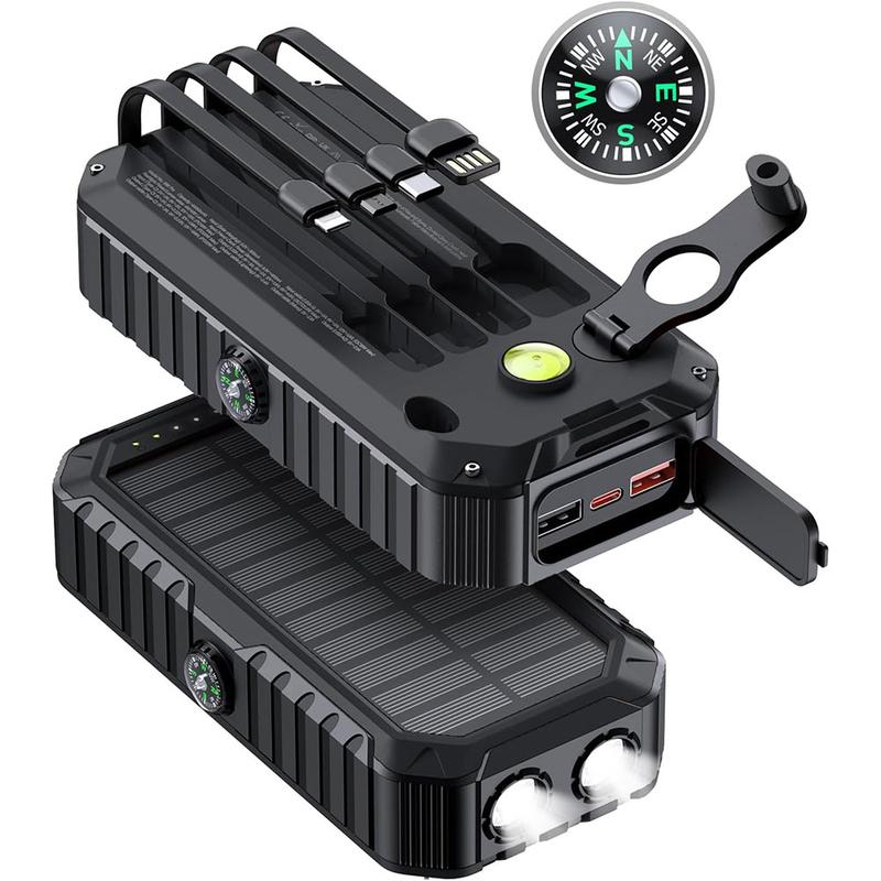 40,000mAh Solar Power Bank with Hand Crank & 4 Cables, Dual USB/Type-C Fast Charging, Bright LED Light, Built-in Compass & Leveler - Portable Solar Charger for Phones, Camping, Travel, Outdoor Emergencies