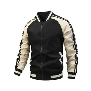 Comfortable Men's Color Block Graphic Sports Jacket, Thermal Striped Zip Up Varsity Jacket for Outdoor Fall Winter