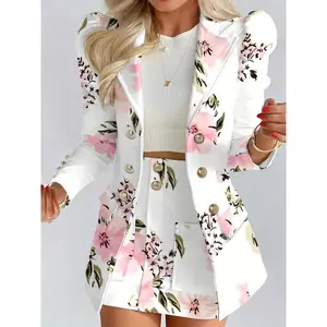 Women’s Floral Print Two-Piece Suit Set – Elegant Double-Breasted Blazer and Bodycon Skirt, Chic White Spandex Fitted Design