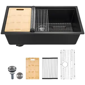 VEVOR 33 inch Kitchen Sink Workstation, Top Mount Granite Sinks, Drop - In Single Bowl Farmhouse Basin with Multiple Accessories, Household Dishwasher Sinks for RV, Prep Kitchen, and Bar (Black)VEVOR Super Brand Day