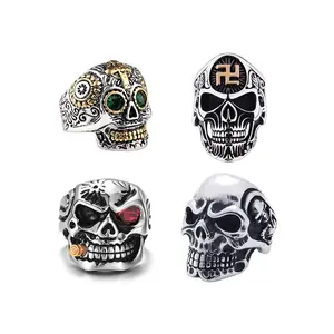 Mens Skull Rings Gothic Czech Diamond Knuckle Skeleton Rings Vintage Silver Carved Cross Chunky Skull Rings for Men