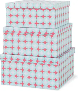 Set of 3 Decorative Boxes with , Square 11" x 11" Nesting Cardboard Storage for  Decor in Green and Coral, Keepsake and Memory Boxes for Organizing, Retro Mint