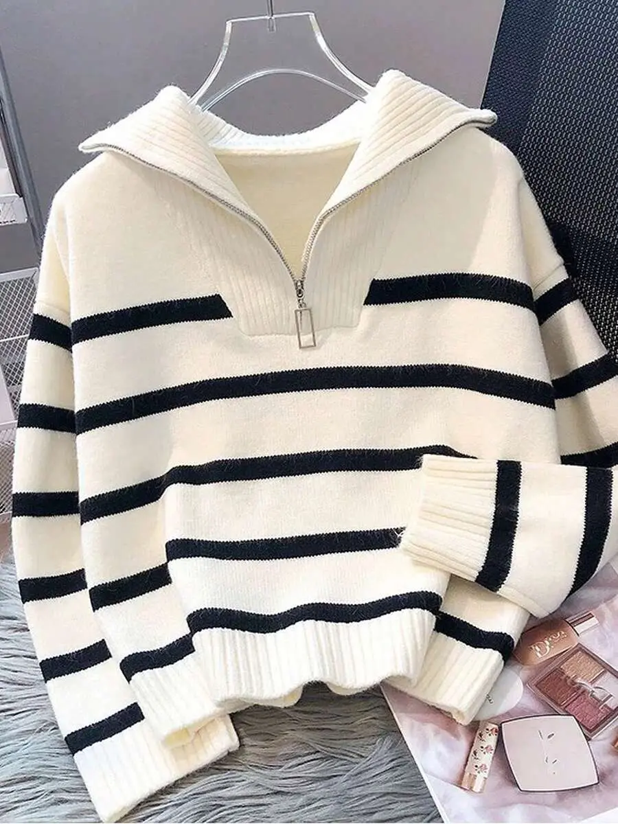 GRL Women Spring Fall Multi Color Stripe Half Zip Lapel Knit Sweater Cropped Loose Korean Casual Pullover| Going Out Tops| Fall Women Clothes