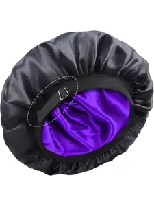 Satin Bonnet Soft Double Layer Silk Bonnet for Women Men Adjustable Elasticity Band Hair Bonnet Satin Lined Cap for Curly Natural Hair Braide Sleeping Cap BLACK-PURPLE