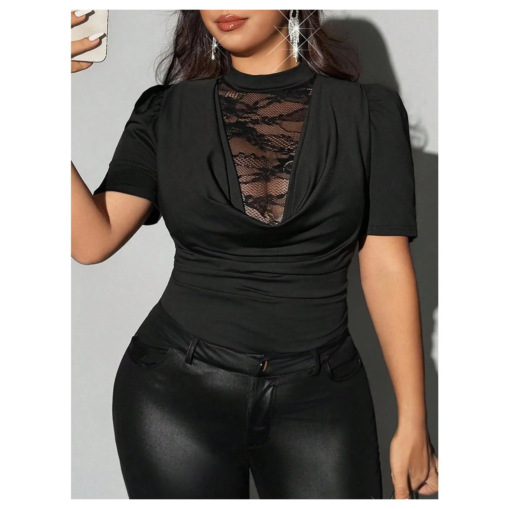 Women's Plus Size Basic Comfortable Lace Draped Mock Neck Short-Sleeve Puff Ruched Fitted Blouse - Going Out Top for Pairing with Skirts, Shortsleeve