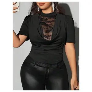 Plus Size Lace Draped Tops Ruched Mock Neck Short Puff Sleeve Fitted Going Out T Shirts