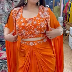 Women's Western Orange Shrug Dhoti Set Party Wear Eid Collection Casual Floral Print Top & Skirt Ensemble