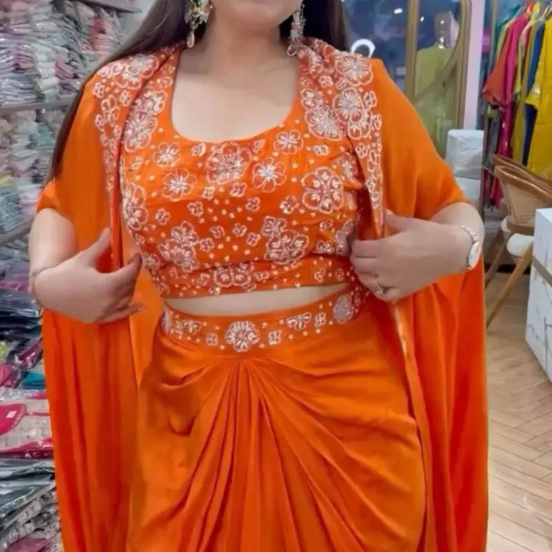 Women's Western Orange Shrug Dhoti Set Party Wear Eid Collection Casual Floral Print Top & Skirt Ensemble
