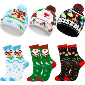X-SOK025  Christmas Hats Socks Winter LED Costume Light Up Beanie Knit Hat Crew Sock Holiday Party Favors for Adults Kids