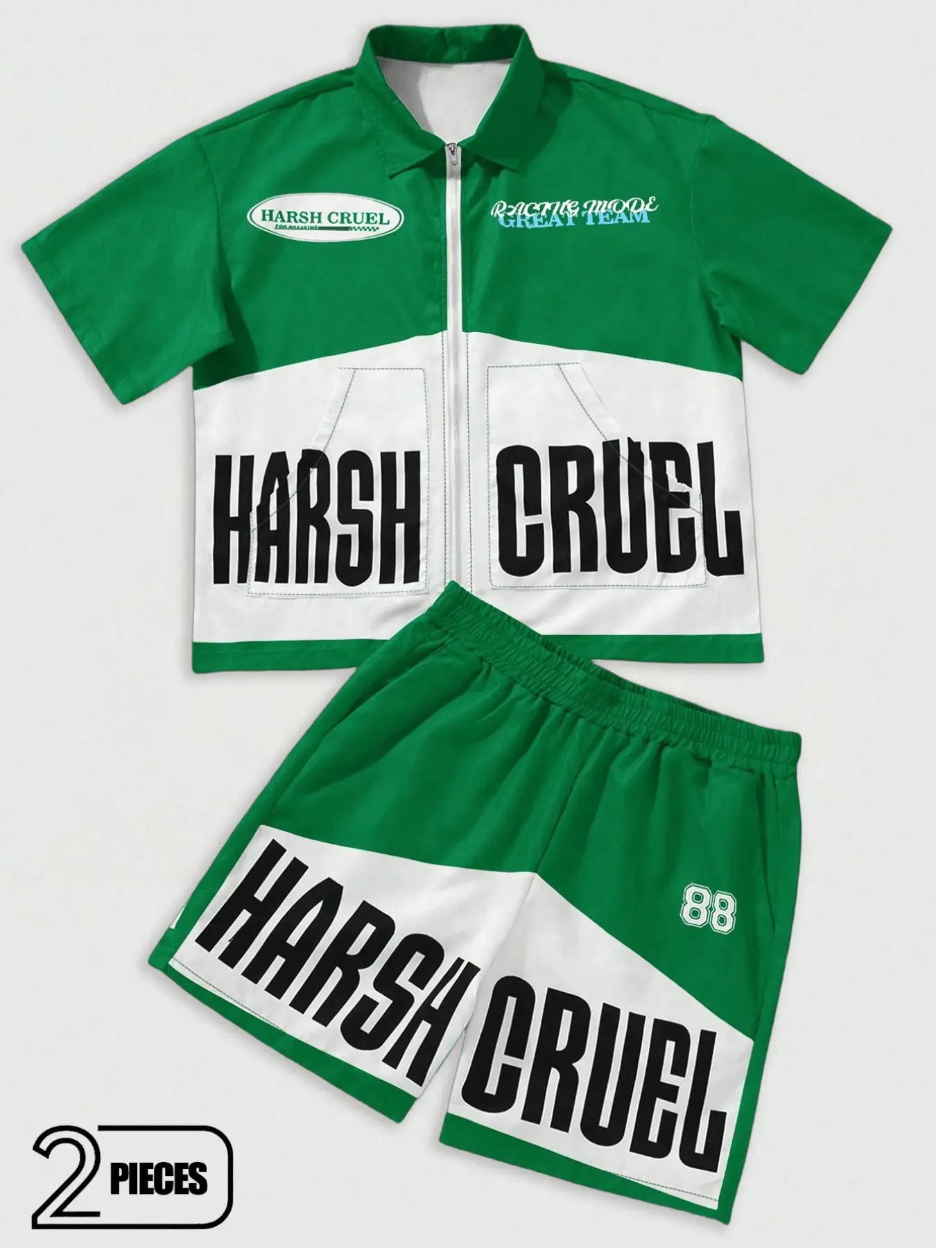 Men's Two-Piece Set, Racing Style, Harsh Cruel 88 Logo, Zipper Shirt + Shorts, Oversized Streetwear, Summer Fashion Outfit