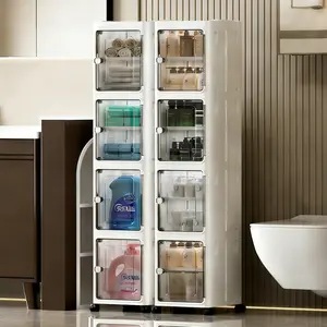 Narrow Slim Storage Cabinet Foldable No Installation Magnetic Closure Door Universal Wheels Mobile Multilayer Dustproof Waterproof for Bathroom Kitchen Bedroom