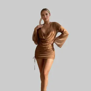 Women's Brown 3pcs Swimsuit with Beach Cover Up Dress, Triangle Halter Bikini Sets And Tummy Control Long Sleeve Cover Ups Dress, Fashion Beachwear Set Suitable for Seaside Vacation And Water