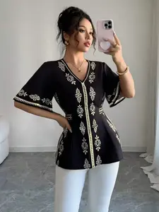 Spring Summer Ramadan Festival Vacation Party Paisley Print Elegant Top, V-Neck Bell Sleeve Back Bow Tie Shirt Blouse 2qs1017