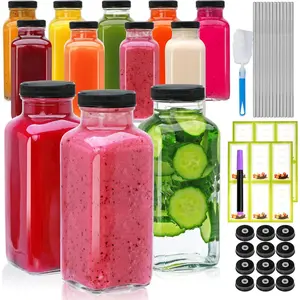 12oz Glass Bottles with lids,juice bottles gifts for women,glass bottles with lids,glass water bottles.Kit includes Stainless Steels Straws,Two Types of Lids,Cleaning Brush 12pcs