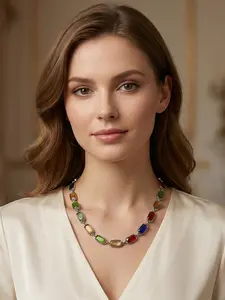 A silver toned colorful square gemstone bead necklace with bright and eye-catching colors, suitable for daily wear, casual dating or vacation scenes.