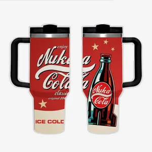 Nuka Cola Fallout 40oz Tumbler with Handle, Stainless Steel, Retro Fantasy Drinkware, Condensation-Free, Leak-Proof Lid, RPG Gift for Gamers, 24-Hour Ice, 12-Hour Hot, BPA & Lead-Free, Reusable Straw - Flasks