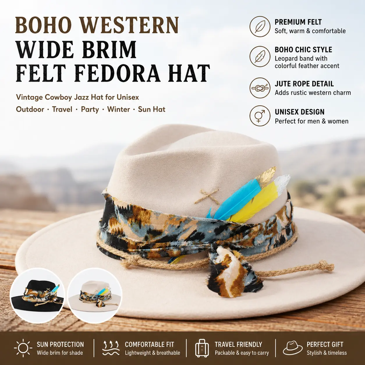 Boho Western Wide Brim Felt Fedora Hat with Leopard Print Fabric Band Jute Rope & Colorful Feather Accent, Vintage Cowboy Jazz Hat Unisex Outdoor Travel Party Winter Sun Hat