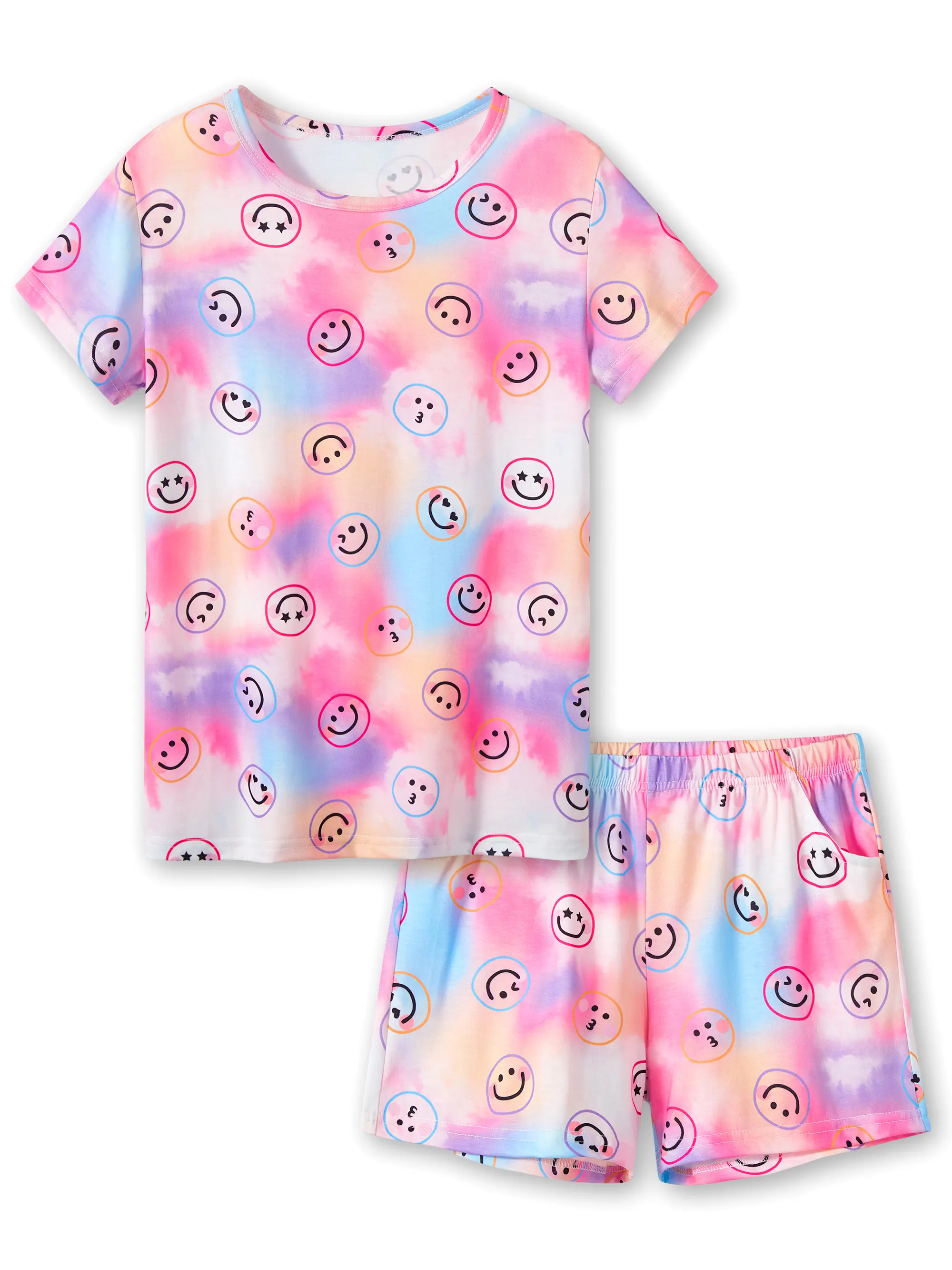 Summer Tie Dye Pajamas for Girls Smiling Face Pattern Tween Clothes PJ Set Big Kid Size 6 - 18