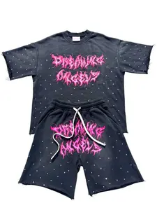 Black Chaos Tee Set - Oversized 100% Cotton Tee & Rhinestone Shorts with Puff Print Design and Sun Faded Finish