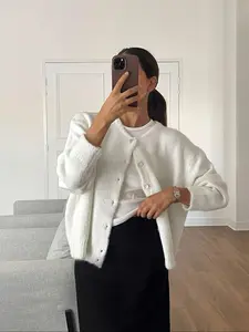 Women's Loose-Fit Fashion Long Sleeves Knitted Sweater Jacket, Round Neck Solid Color Casual Outerwear for Spring Summer Fall Winter Womenswear Knitwear