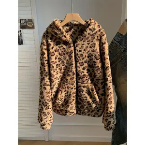 Women's Casual Vintage Leopard Print Fluffy Hooded Sweatshirt for Autumn and Winter, Leopard Print Coral Fleece Leopard Print Jacket