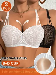 Women's Underwear Set, Daily Lace Lingerie Bra with Floral Pattern, Medium Support Backless Design, Casual Fitted Style, All Seasons Wear