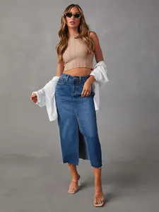 Women's Vintage Washed Split Denim Skirt, Fitted High-Waisted Midi with Front Slit, Dual Pockets, Casual Streetwear Style, Spring Summer Fashion