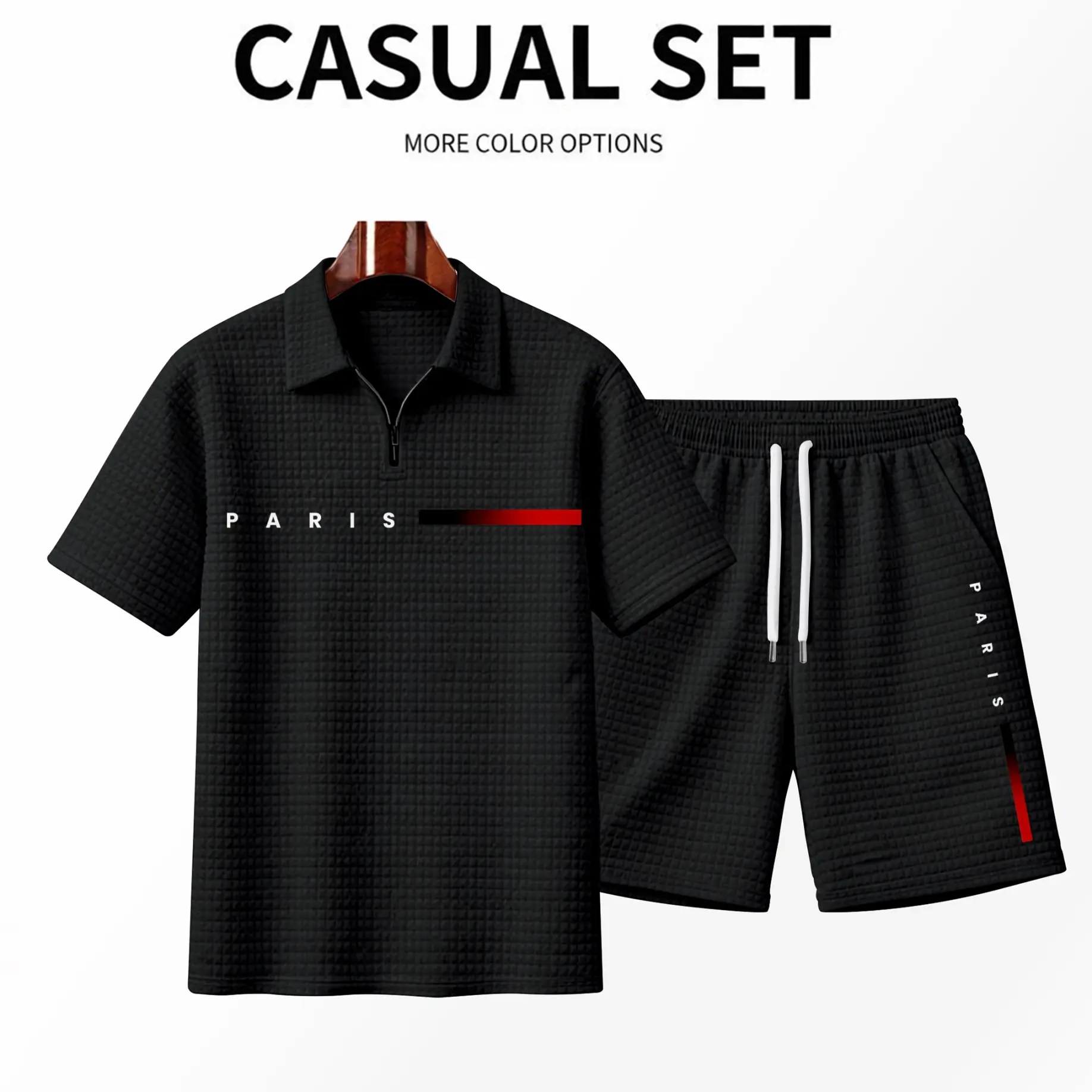 Men's 2-Piece Paris Print Gradient Stripe Polyester Clothing Set - Short-Sleeve Zip-Up Collar Polo Top, Textured Solid Shorts, Breathable Casual Menswear for Everyday, Holiday Wear, Loose Fit