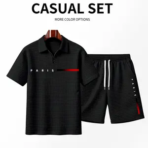 Men's Paris Print Gradient Stripe Pattern Zip-Up Short-Sleeved Polo Shirt And Shorts Set, Made With Solid-Colored Textured Fabric, Breathable And Comfortable, Featuring A Classic Zip-Up Collar Design. A Stylish And Versatile Everyday Outfit.