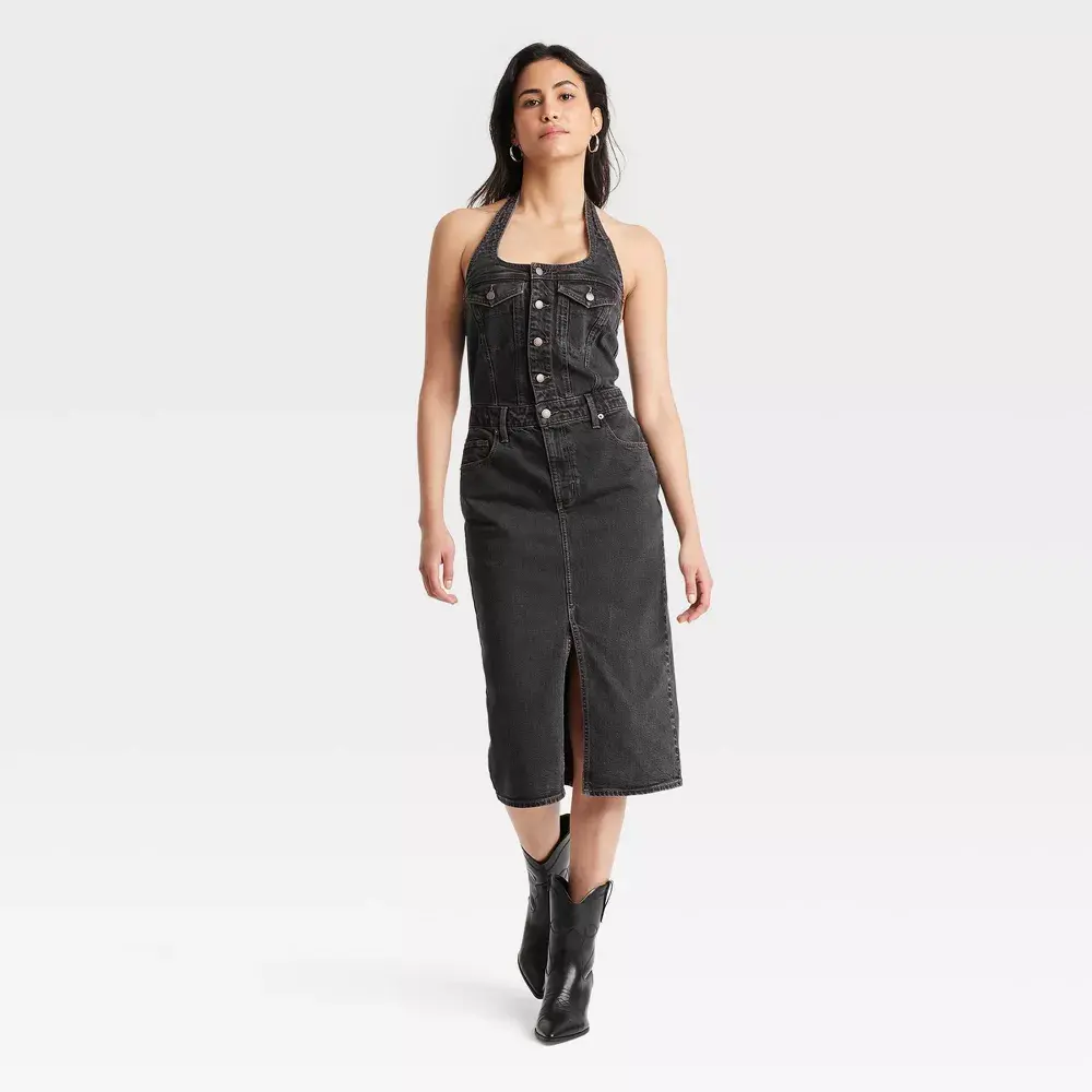 Universal Thread Women's Denim Halter Midi Dress - Stretch Cotton Button-Down Summer Dress with Front Slit & Pockets, Love, Spandex