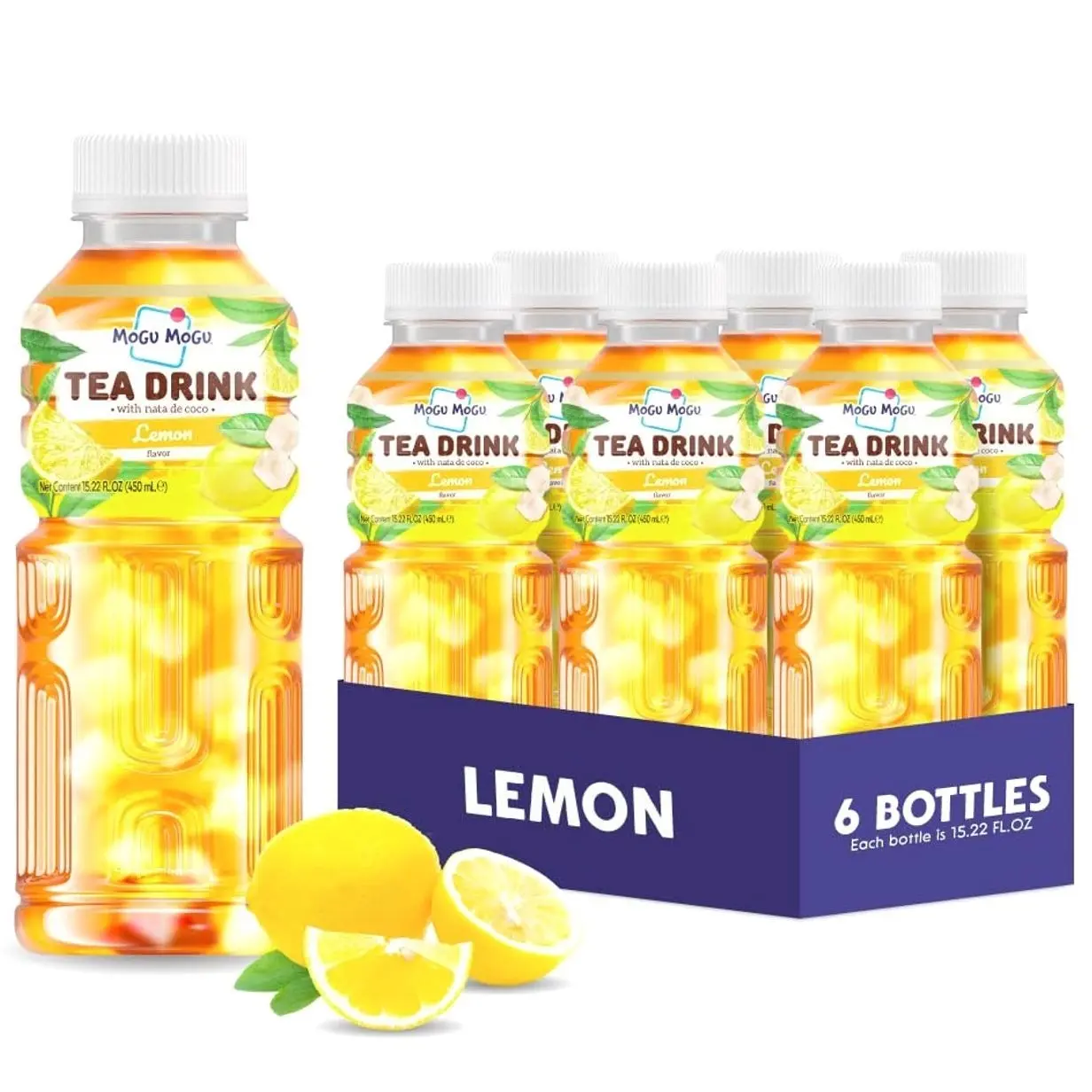 Mogu Mogu Lemon Iced Tea with Nata de Coco (Coconut Jelly) – Chewy Bubble Tea Alternative, Refreshing Drink, 6 Pack Bottles, 15.3 fl oz Each