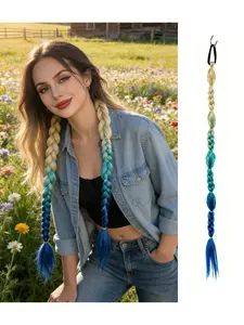 24 Inch Gradient Blue Braided Wig Tail, Handmade Bubble Braid Extension, Lightweight Synthetic Fiber, Youthful Hairstyle for Adults and Kids