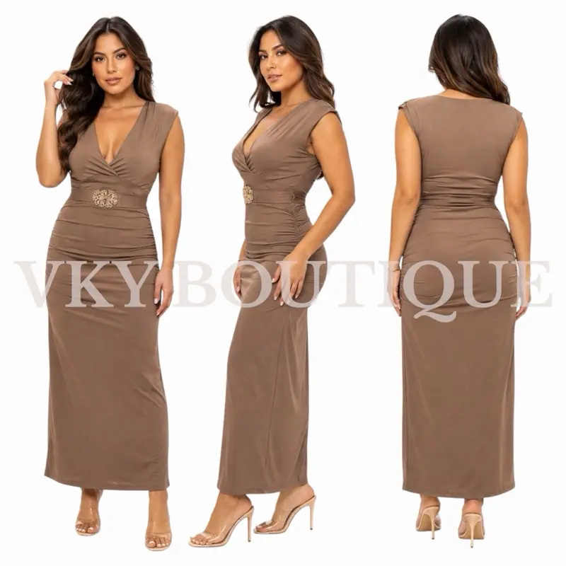 Embellished Waist Maxi HM Dress – Ruched V Neck Formal Evening Gown
