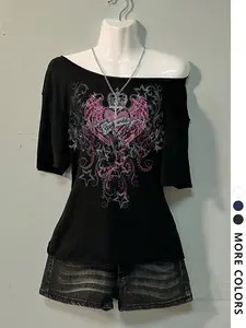 Women's Asymmetrical Neck Digital Print Summer Casual T-Shirt, Vintage Campus Style, Fashion Trend Letter Design