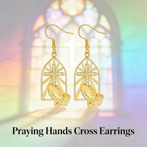 Creative Praying Hands Cross Dangle Earrings for Women, Shiny Cubic Zirconia Inlaid Zinc Alloy Cross Jewelry, Faith Blessing Design for Daily Wear, Mother's Day Thanksgiving Anniversary Birthday Gift for Christian Women Ladies Believers